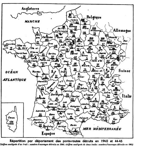 Répartition par département des ponts-routes détruits en 1940 et 1944-1945