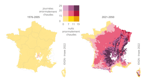Fréquence des journées et nuits anormalement chaudes pour les périodes 1976-2005 et 2021-2050 en France métropolitaine.