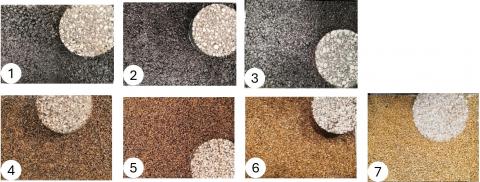 1) CdC 35/50. (2) CdC R30 35/50. (3) CdC R30 Biophalt. (4) CdC BioKlair. (5) StMB BioKlair. (6) Morel BioKlair. (7) Morel synth