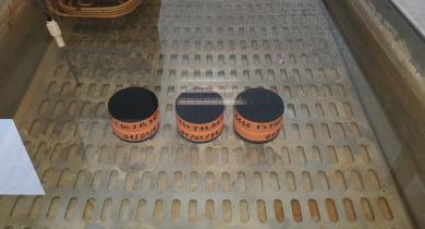 Éprouvettes 50x50 mm en étuis fermés étanches dans un bain thermostaté Éprouvettes 50x50 mm en étuis fermés étanches dans un bain thermostaté