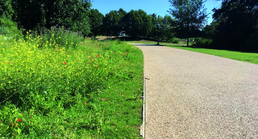 Les nouveaux cheminements piétonniers en béton désactivé.