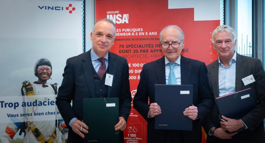 De gauche à droite : Mourad Boukhalfa, président du groupe Insa, Xavier Huillard, PDG du groupe Vinci, et Christian Nibourel, président de la fondation Insa