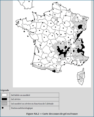 Carte des zones de gel en France (source : NF EN 206+A2-CN)