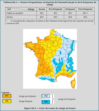 Carte des zones de salage en France (source : NF EN 206+A2-CN)