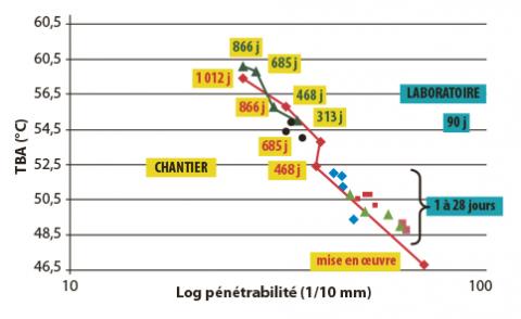 Comparaison des cinétiques d’évolution temporelle des caractéristiques des liants extraits des éprouvettes de laboratoire et des prélèvements in situ (RD 44).