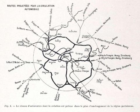 Plan issu de l’article « Le programme de construction d’autoroute dans la région parisienne », RGRA n° 107, novembre 1934