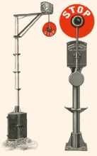 Deux types de signaux oscillants de la Magnetic Signal Co.: quadrant inférieur (à gauche) et quadrant supérieur (à droite), extraits d’un catalogue de l’entreprise datant de 1922